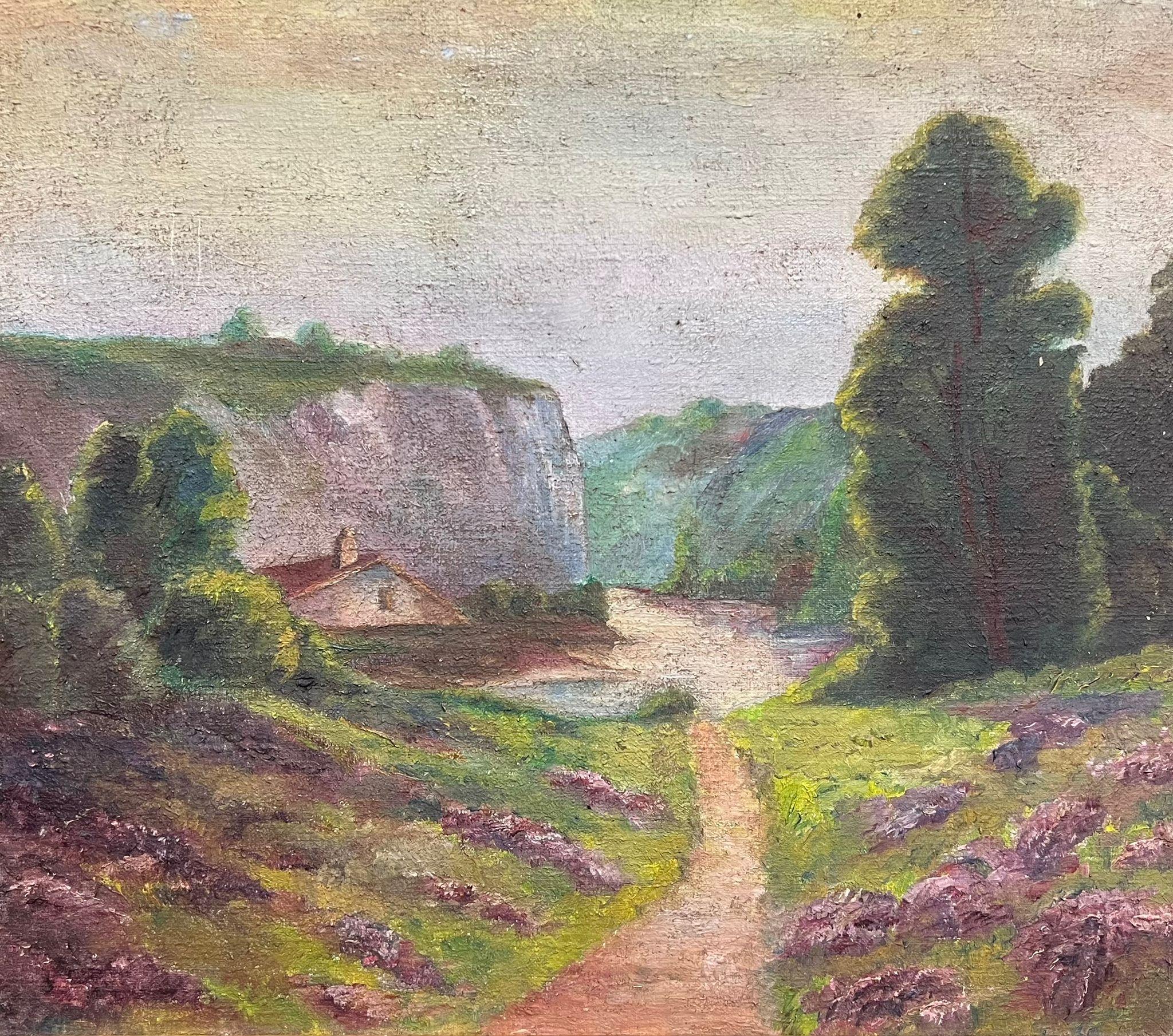 Antique French Cottage by a River in Heather Gorse Valley Pittura ad olio - Painting di French School