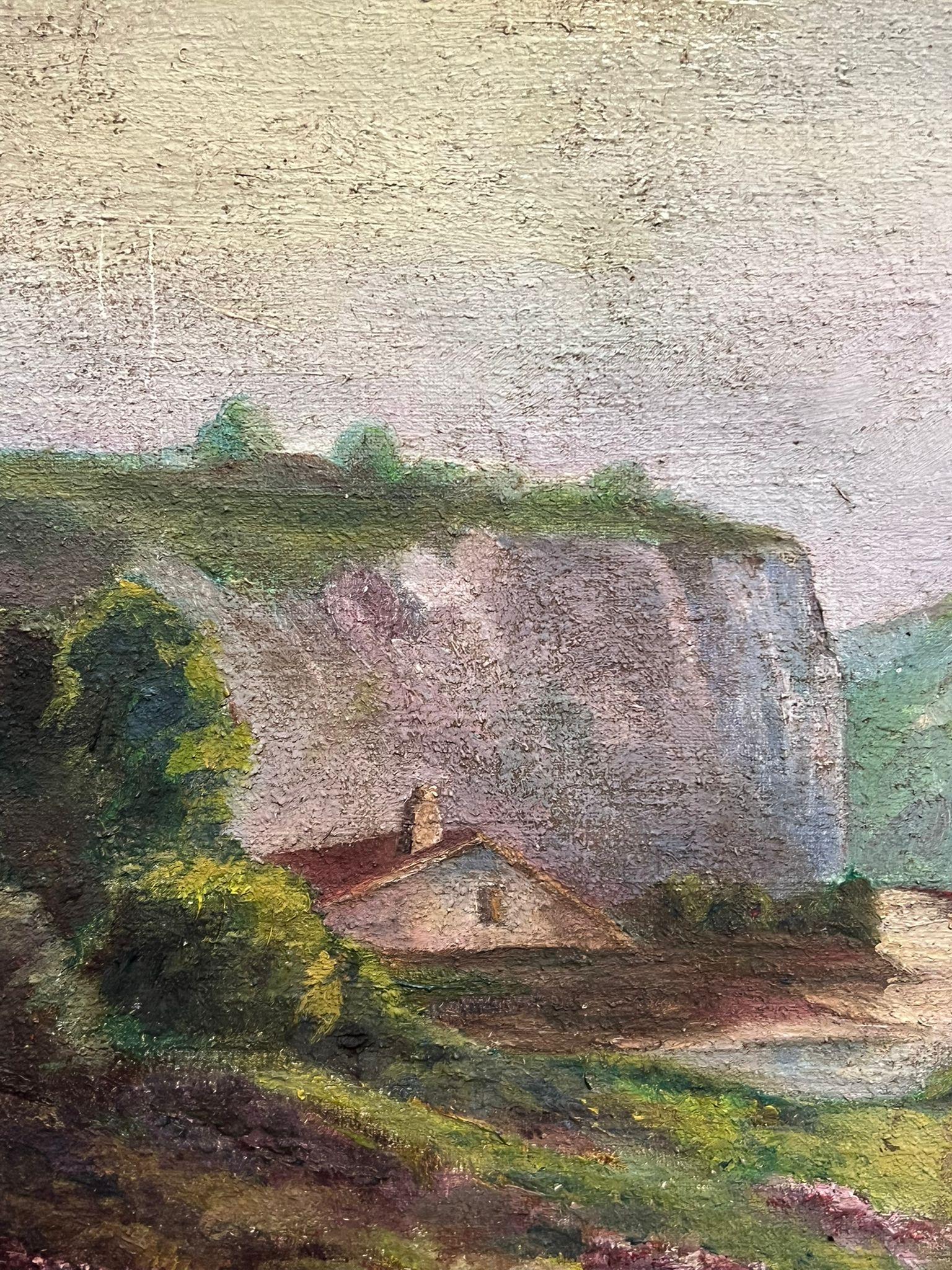 Antique French Cottage by a River in Heather Gorse Valley Pittura ad olio - Landscape Painting Marrone di French School