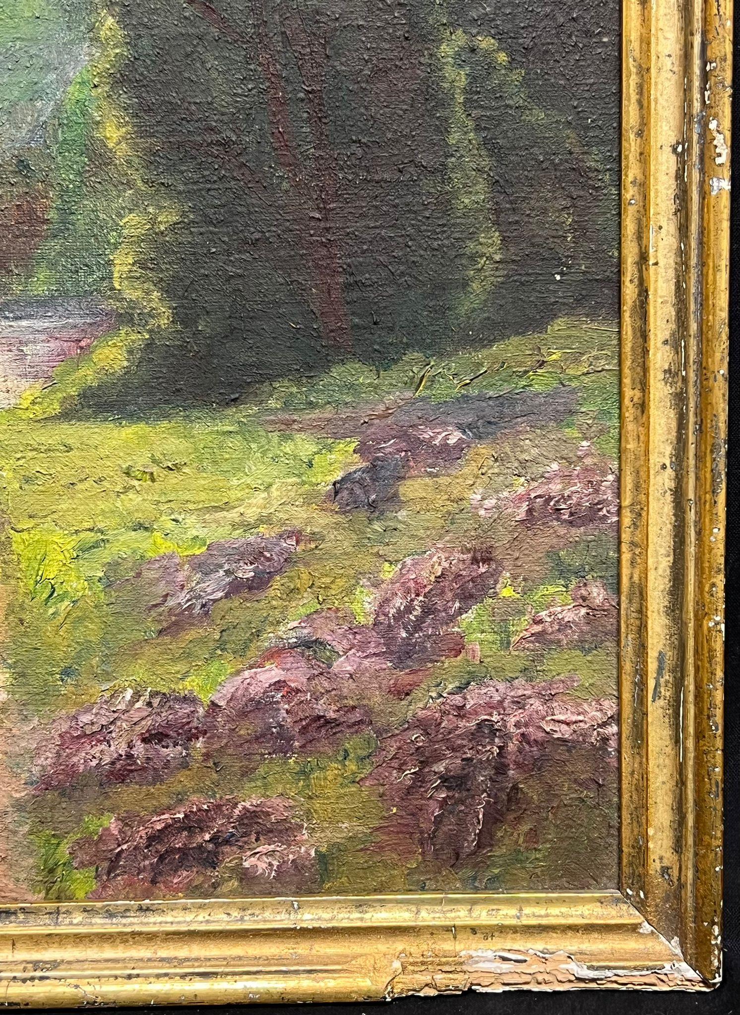 Antique French Cottage by a River in Heather Gorse Valley Pittura ad olio in vendita 1