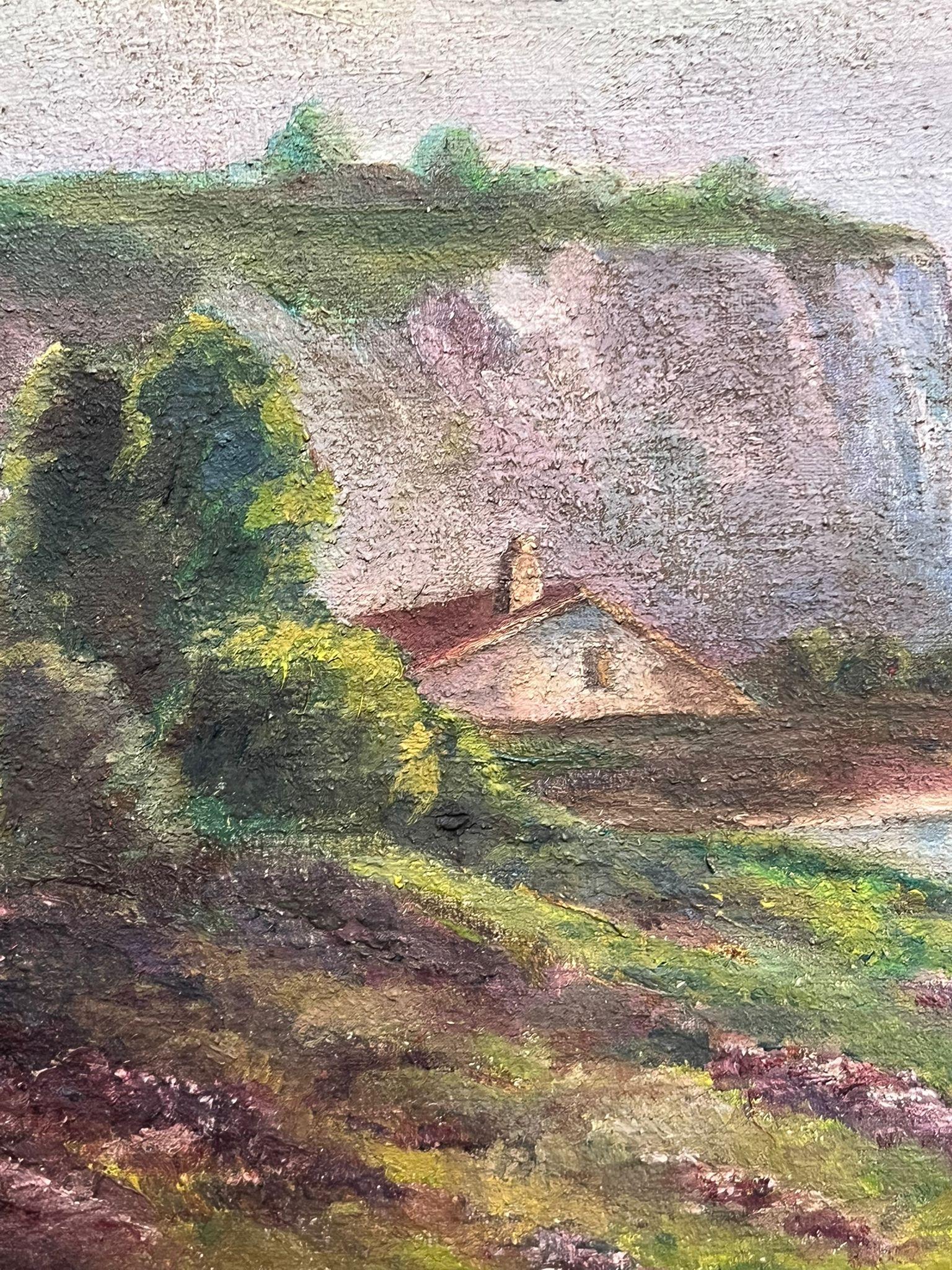 Antique French Cottage by a River in Heather Gorse Valley Pittura ad olio in vendita 3