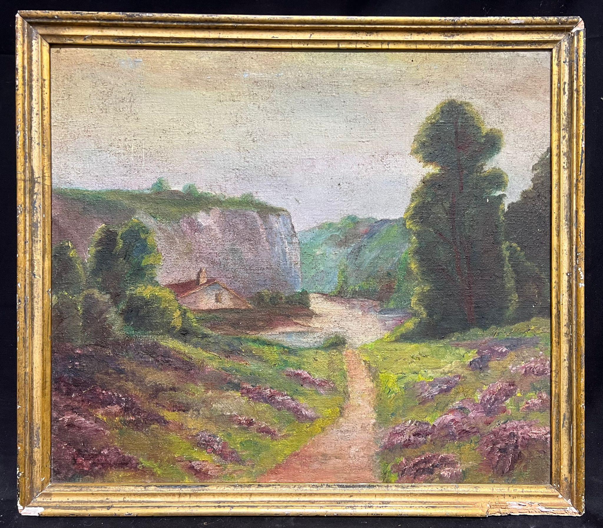 Landscape Painting di French School - Antique French Cottage by a River in Heather Gorse Valley Pittura ad olio