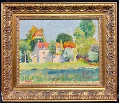Charming French Countryside Landscape Sunlit Cottages at Giverny, Signed Oil