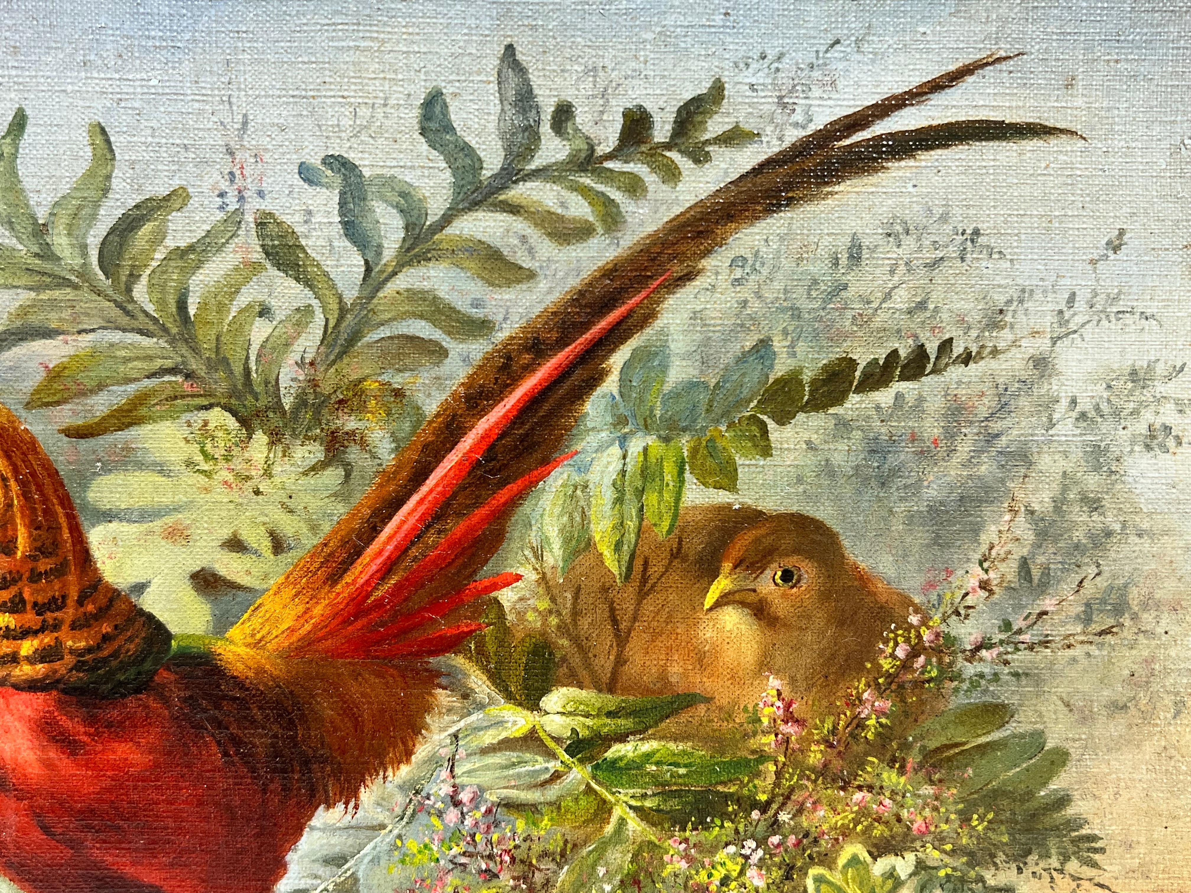 Exotic Pheasants in Landscape 
Beautifully rich and warm colors, ideal interior design 

French School, 19th century 
oil painting on canvas, unframed
painting: 9 x 10.5  inches
provenance: private collection, France 
condition: overall very good