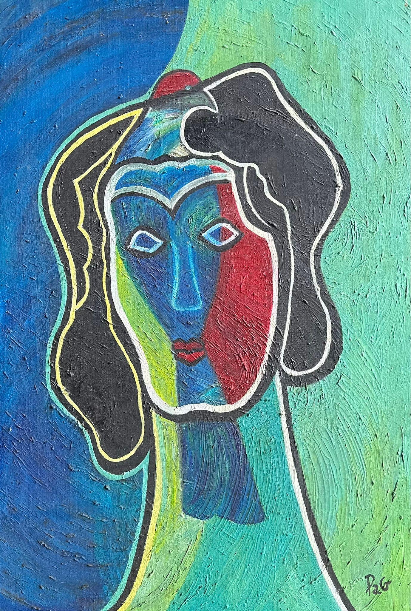 French Contemporary Abstract Portrait Oil Painting in Vibrant Color Blocks - Blue Figurative Painting by French School
