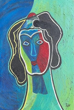 French Contemporary Abstract Portrait Oil Painting in Vibrant Color Blocks
