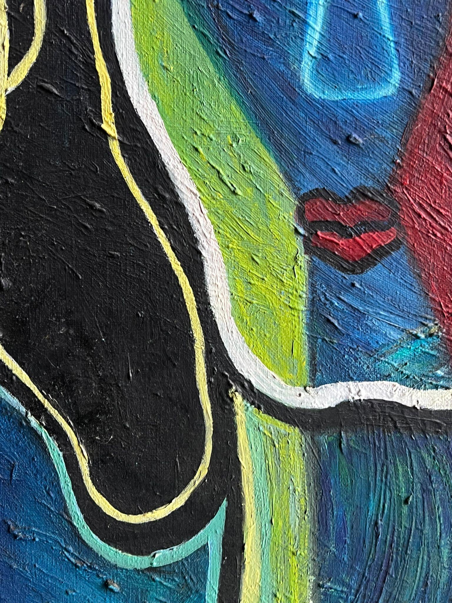 French Contemporary Abstract Portrait Oil Painting in Vibrant Color Blocks For Sale 1