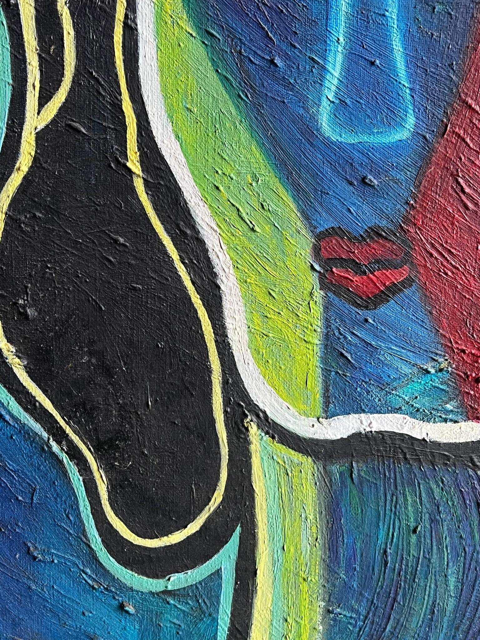 French Contemporary Abstract Portrait Oil Painting in Vibrant Color Blocks For Sale 3