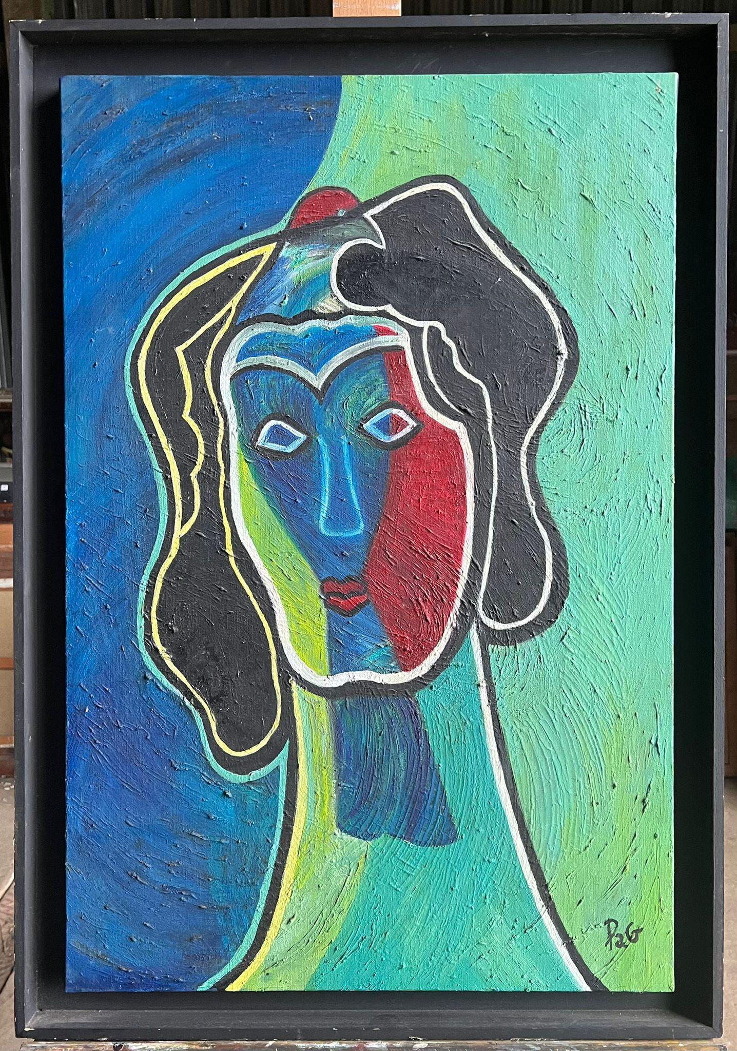 French School Figurative Painting - French Contemporary Abstract Portrait Oil Painting in Vibrant Color Blocks