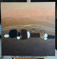 Immense paysage abstrait contemporain avec tons de terre brun doré Peinture à l'huile