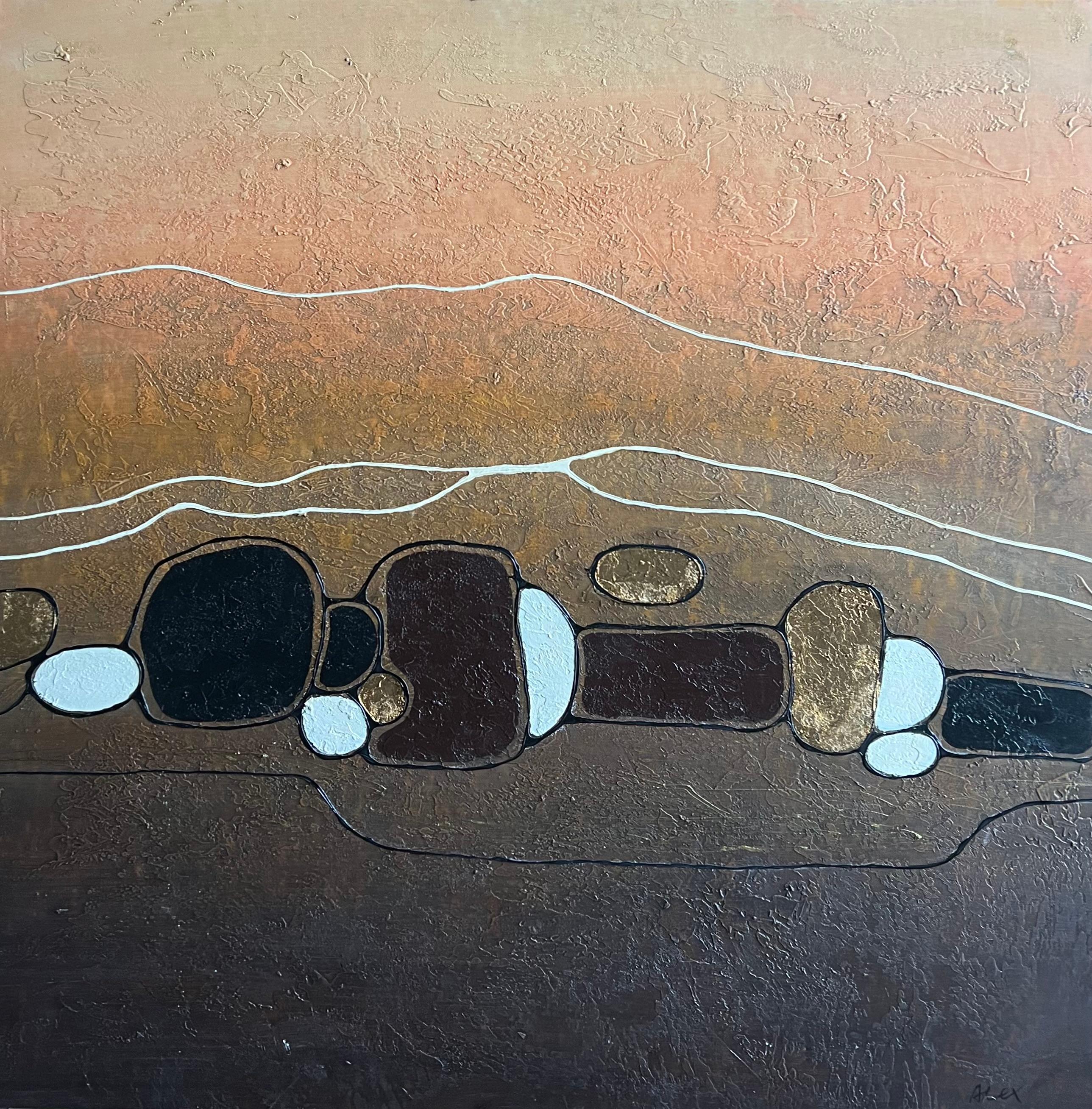 French School Abstract Painting - Huge Contemporary Abstract Landscape with Gold Brown Earth Tones Oil Painting