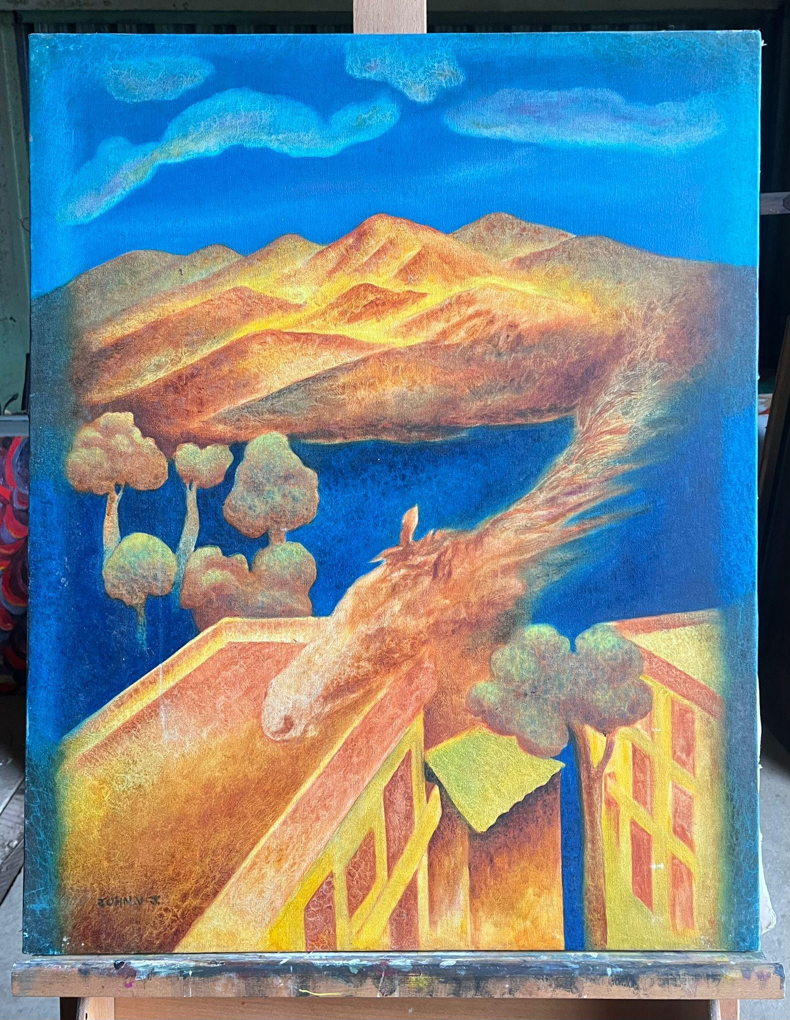 Large 20th Century French Surrealist Landscape with Fiery Phoenix and Mountains - Brown Landscape Painting by French School