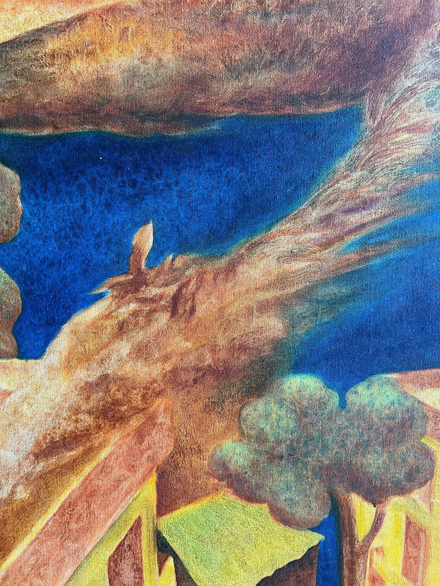 Large 20th Century French Surrealist Landscape with Fiery Phoenix and Mountains For Sale 3