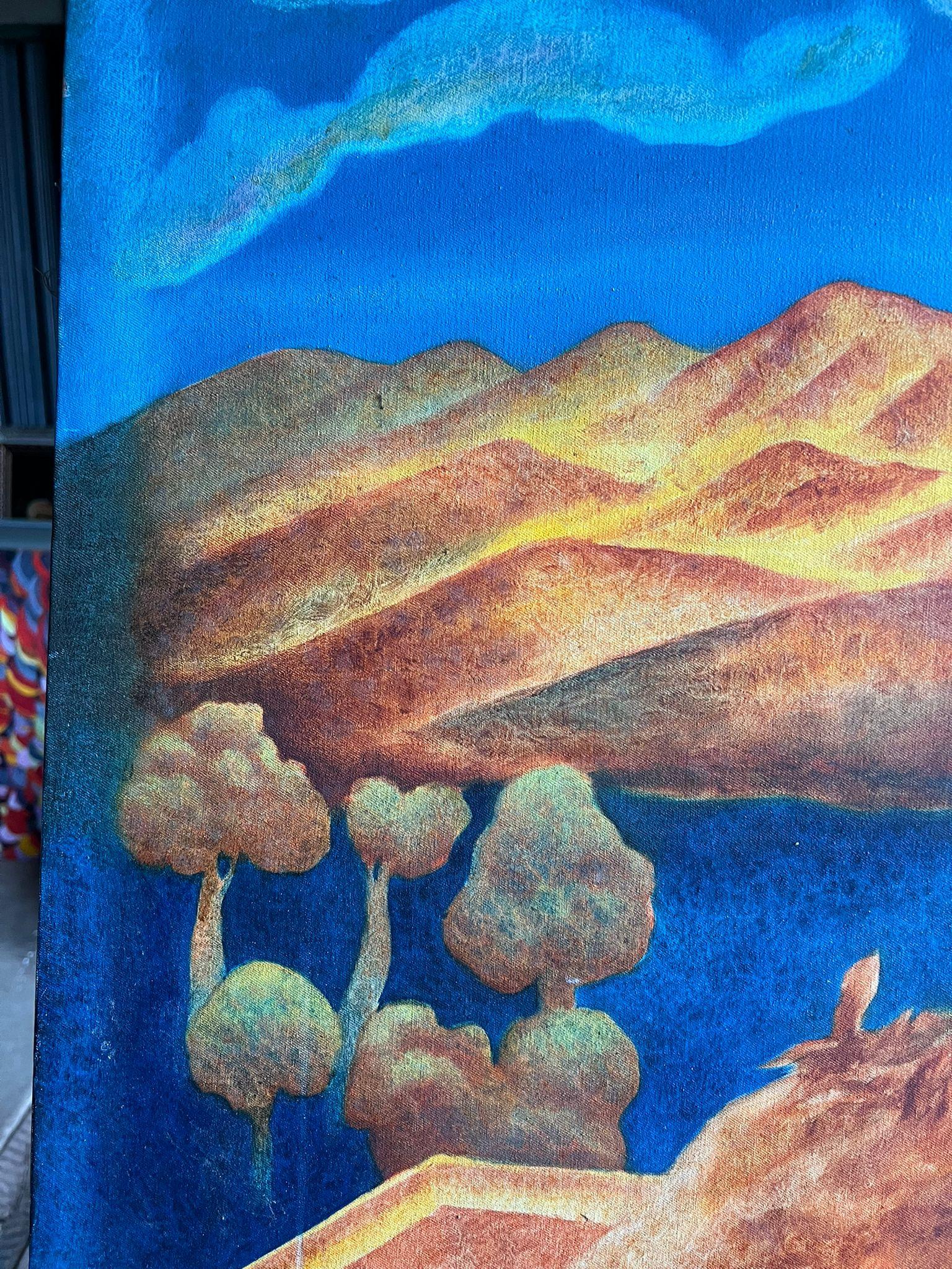 Large 20th Century French Surrealist Landscape with Fiery Phoenix and Mountains For Sale 4
