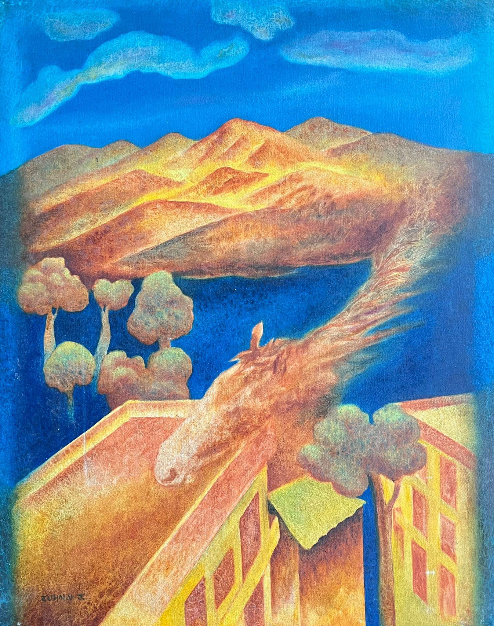 French School Landscape Painting - Large 20th Century French Surrealist Landscape with Fiery Phoenix and Mountains