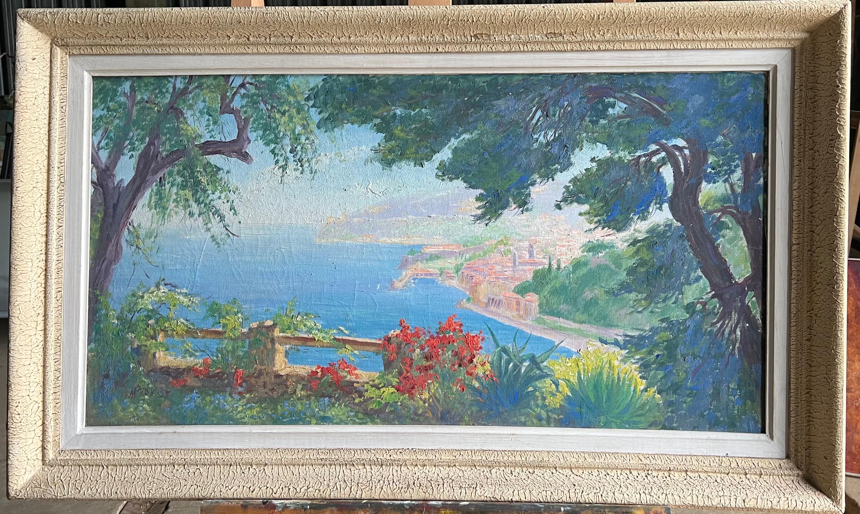 Paisaje costero mediterráneo Vista al jardín y al mar Costa Azul Riviera - Painting de French School