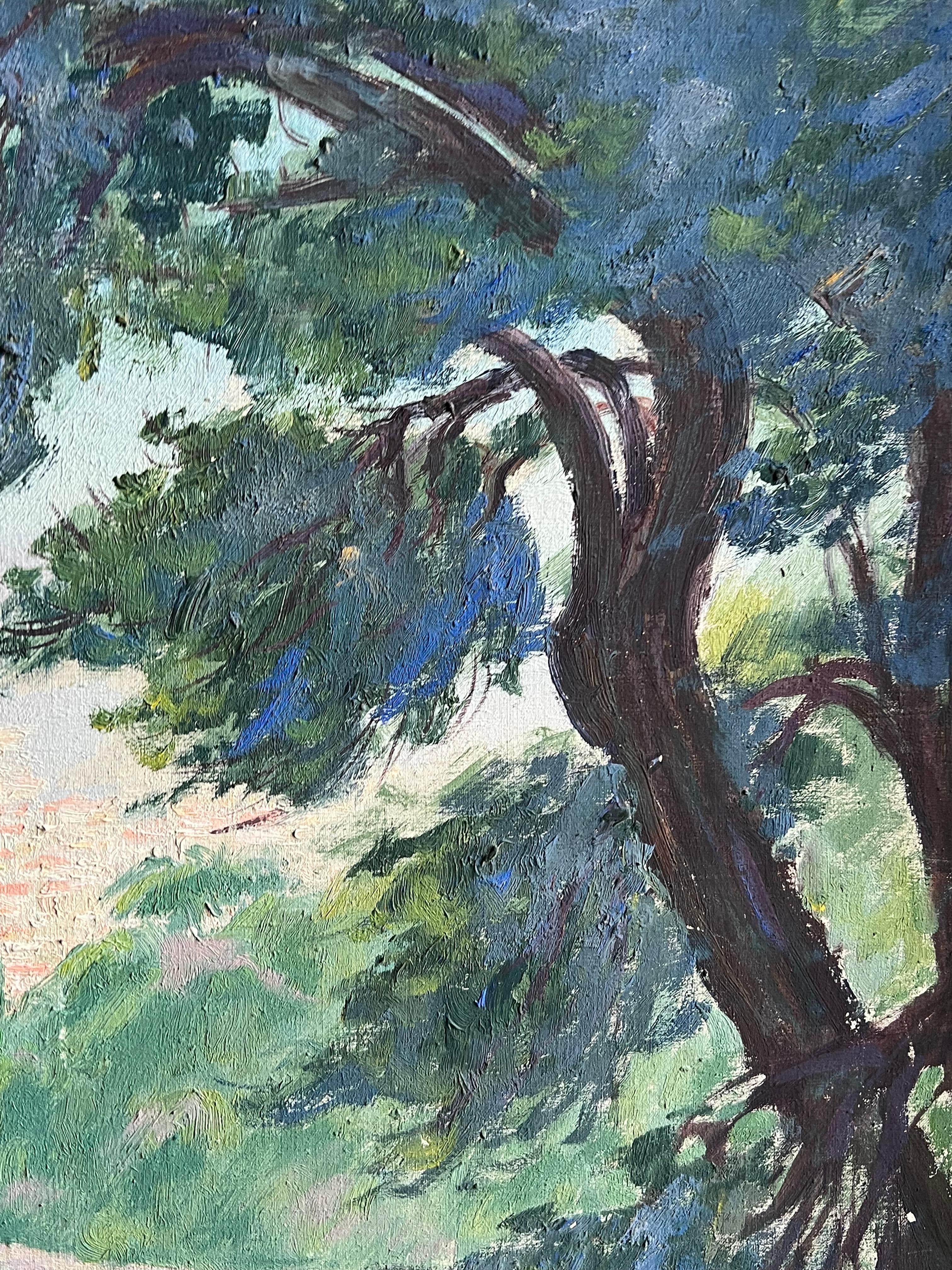 Paisaje costero mediterráneo Vista al jardín y al mar Costa Azul Riviera - Landscape Painting Gris de French School