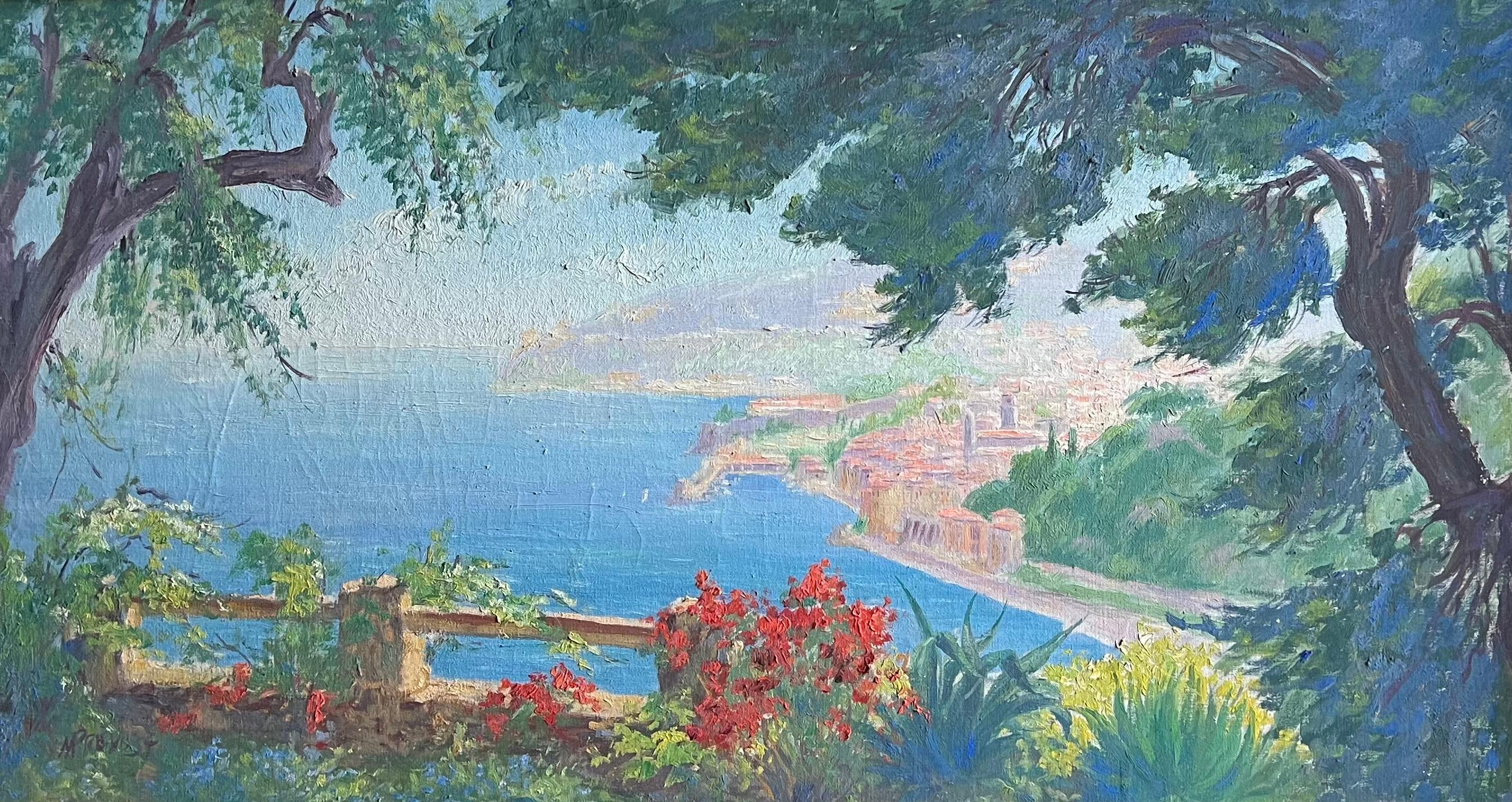 Landscape Painting de French School - Paisaje costero mediterráneo Vista al jardín y al mar Costa Azul Riviera