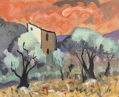 Mid 20th Century 1950s French Post-Impressionist Oil Olive Trees Sunny Provence
