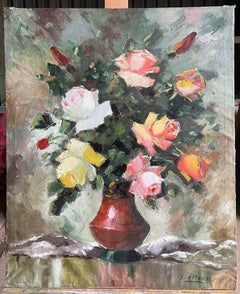 Mid 20th Century French Vintage Floral Still Life with Roses in a Red Vase