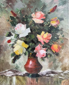 Mid 20th Century French Vintage Floral Still Life with Roses in a Red Vase