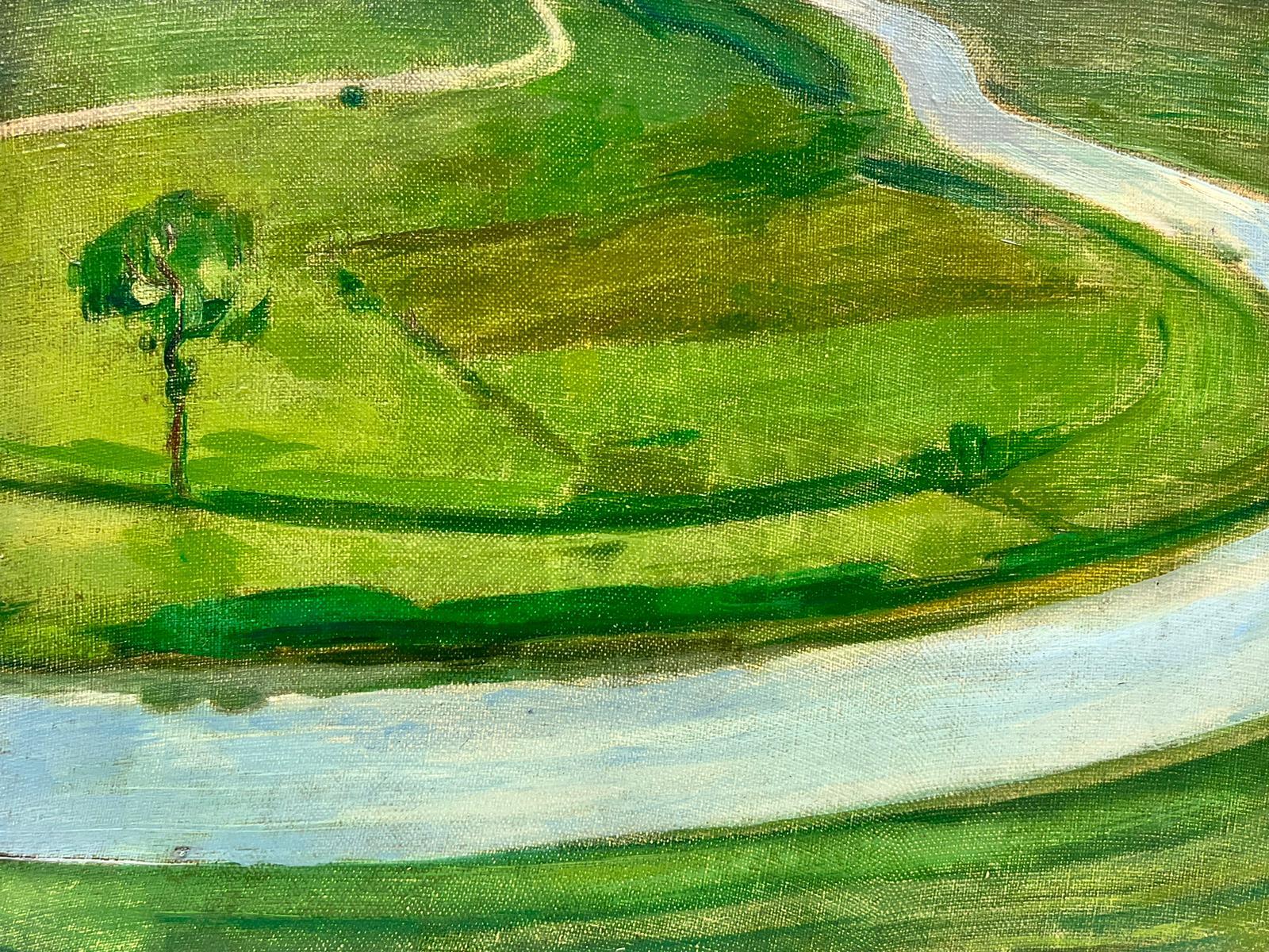 Mid Century French Post Impressionist Oil on Canvas Green Fields with River - Painting by French School