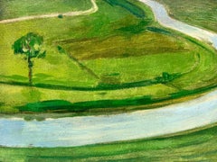 Mid Century French Post Impressionist Oil on Canvas Green Fields with River