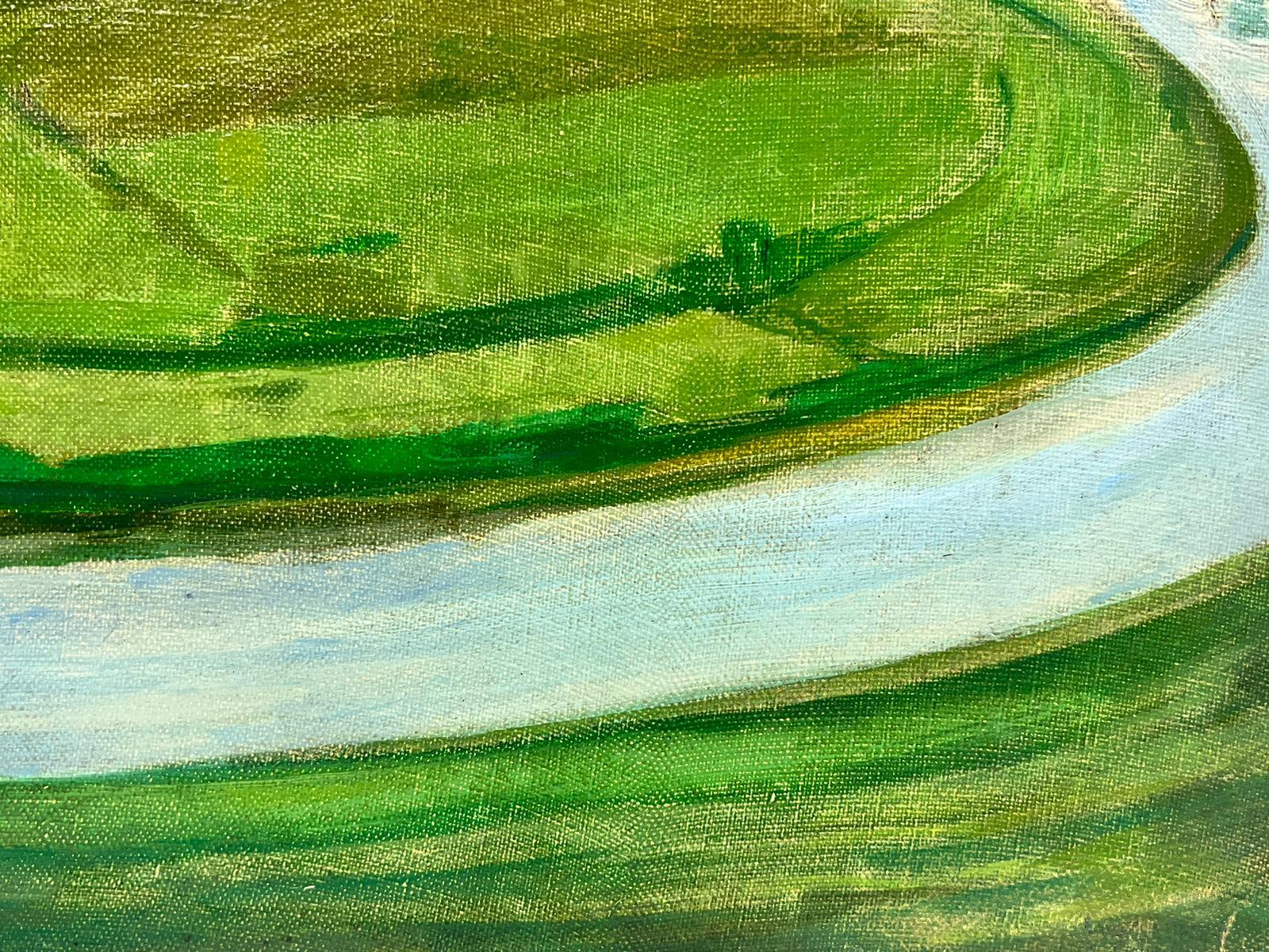 Mid Century French Post Impressionist Oil on Canvas Green Fields with River - Post-Impressionist Painting by French School