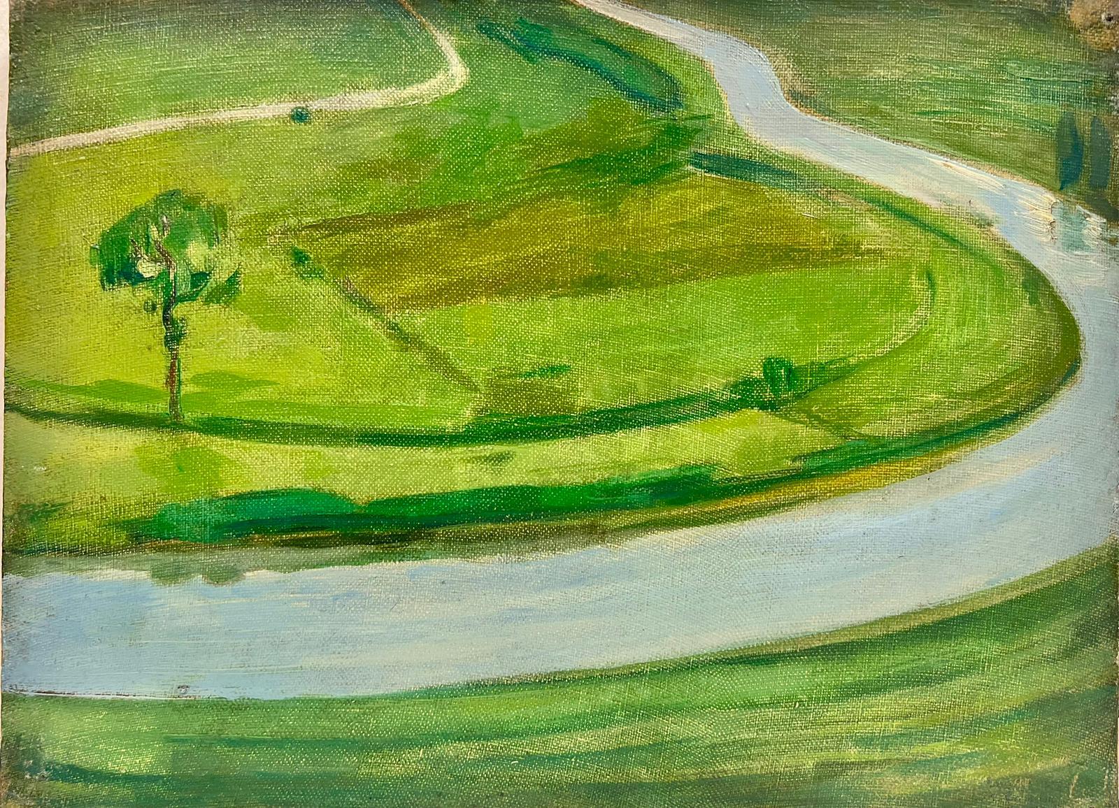 Mid Century French Post Impressionist Oil on Canvas Green Fields with River For Sale 1