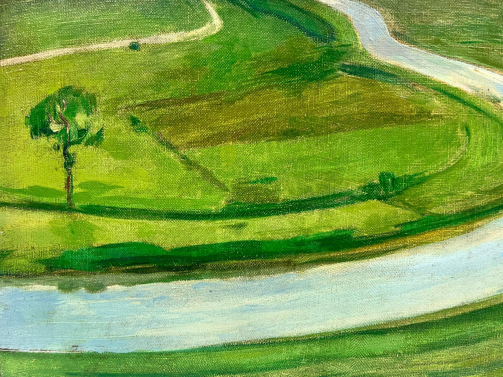 Mid Century French Post Impressionist Oil on Canvas Green Fields with River