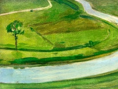 Französisches postimpressionistisches Ölgemälde auf Leinwand, Grüne Felder mit Fluss, Mitte des Jahrhunderts