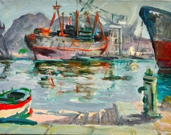 French School - Mid Century French Post-Impressionist Oil South of France Mediterranean Harbor Mid Century French Post-Impressionist Oil South of France Mediterranean Harbor