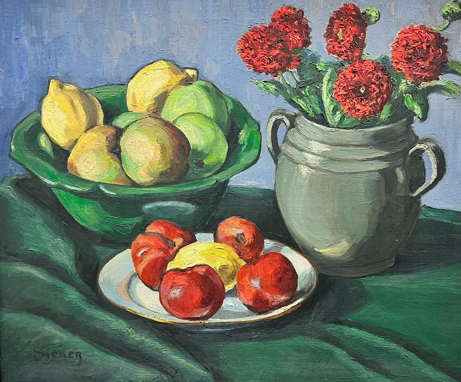 Nature morte post-impressionniste française du milieu du siècle dernier signée à l'huile - Lemons & Apples - Painting de French School