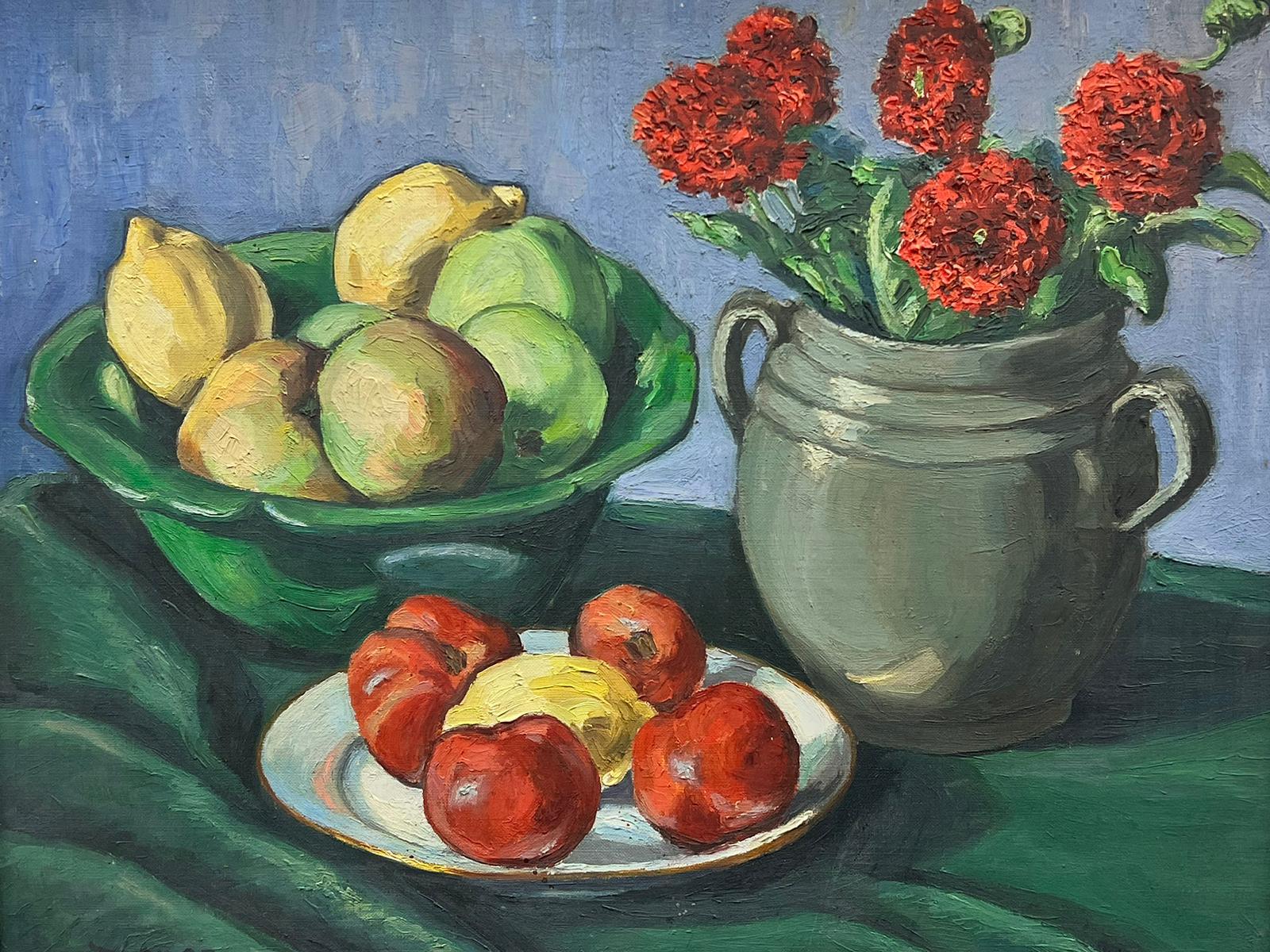Nature morte post-impressionniste française du milieu du siècle dernier signée à l'huile - Lemons & Apples en vente 1