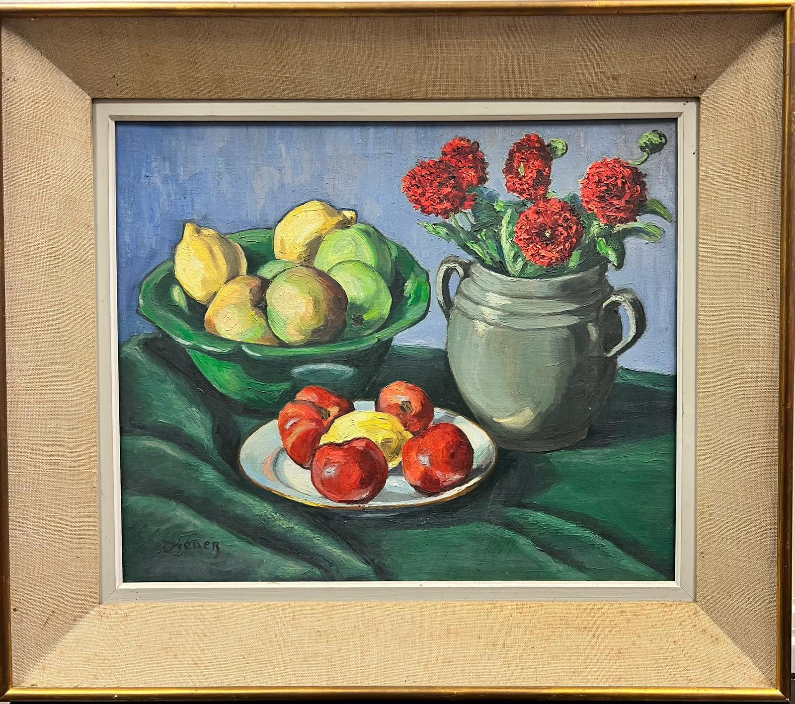 Still-Life Painting French School - Nature morte post-impressionniste française du milieu du siècle dernier signée à l'huile - Lemons & Apples
