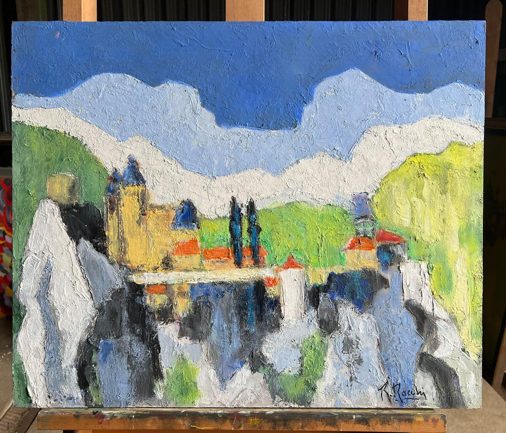 Paesaggio astratto moderno che dipinge un vivace villaggio sul lago con le montagne - Painting di French School