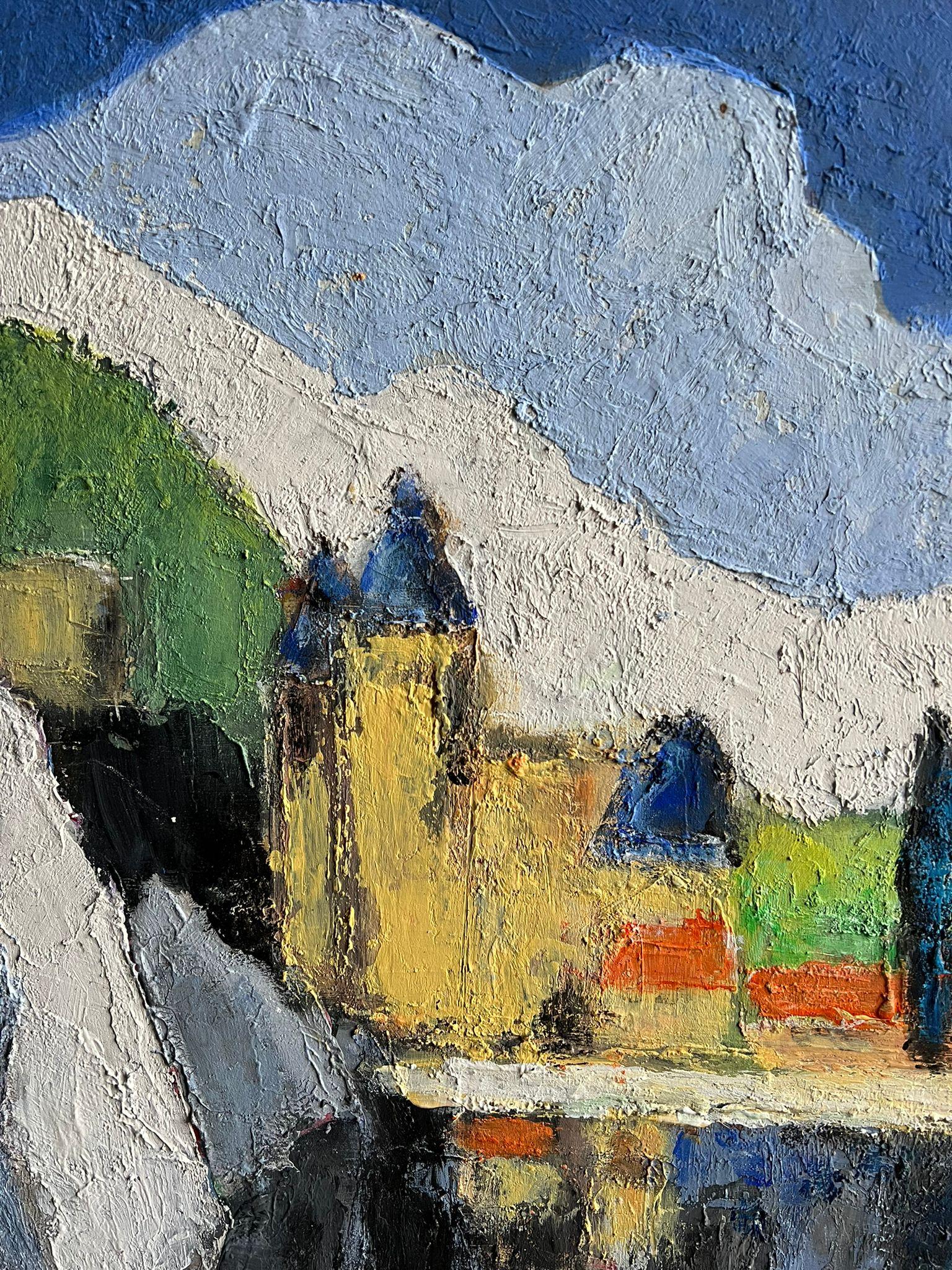 Paesaggio astratto moderno che dipinge un vivace villaggio sul lago con le montagne - Painting Moderno di French School