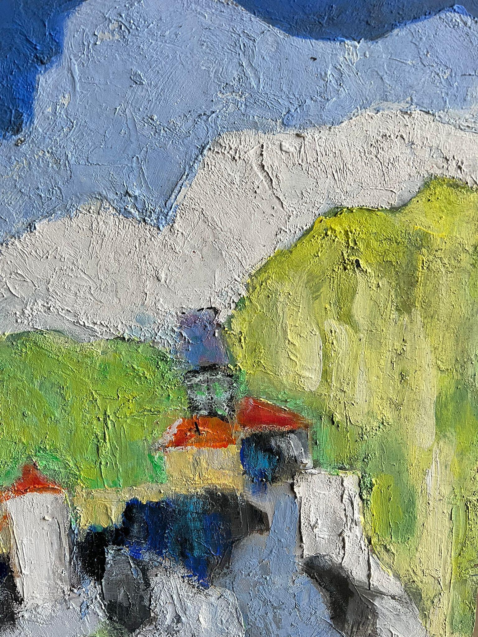 Paesaggio astratto moderno che dipinge un vivace villaggio sul lago con le montagne - Landscape Painting Grigio di French School