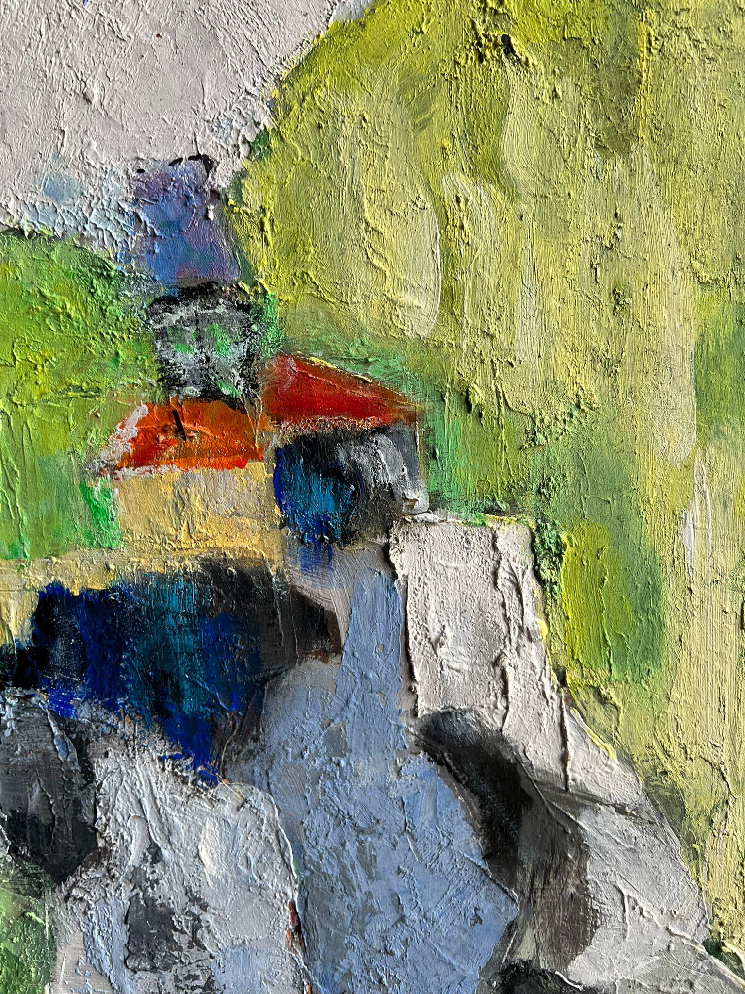 Il vivace villaggio di Lakeside 
Francese, con dedica, datato 2005
firmato
olio su tavola, senza cornice
tavola: 24 x 29 pollici
Provenienza: Collezione privata, Francia
Condizioni: Buone condizioni

Descrizione
Questo quadro astratto moderno di