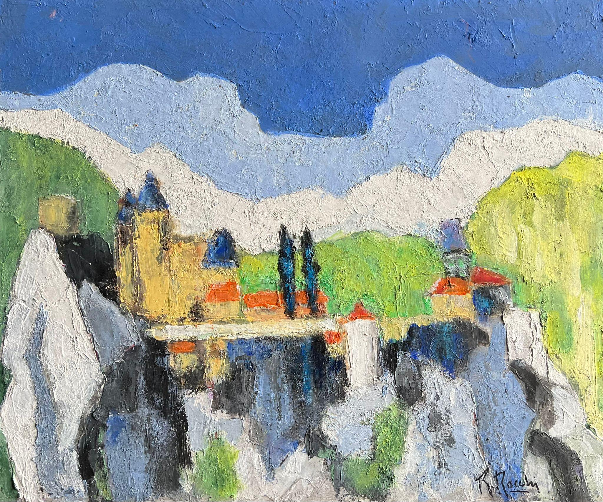 Landscape Painting di French School - Paesaggio astratto moderno che dipinge un vivace villaggio sul lago con le montagne