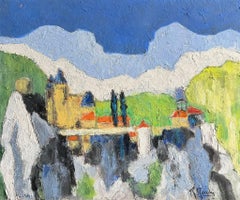 Modern Abstract Landscape Painting a Vibrant Lakeside Village with Mountains