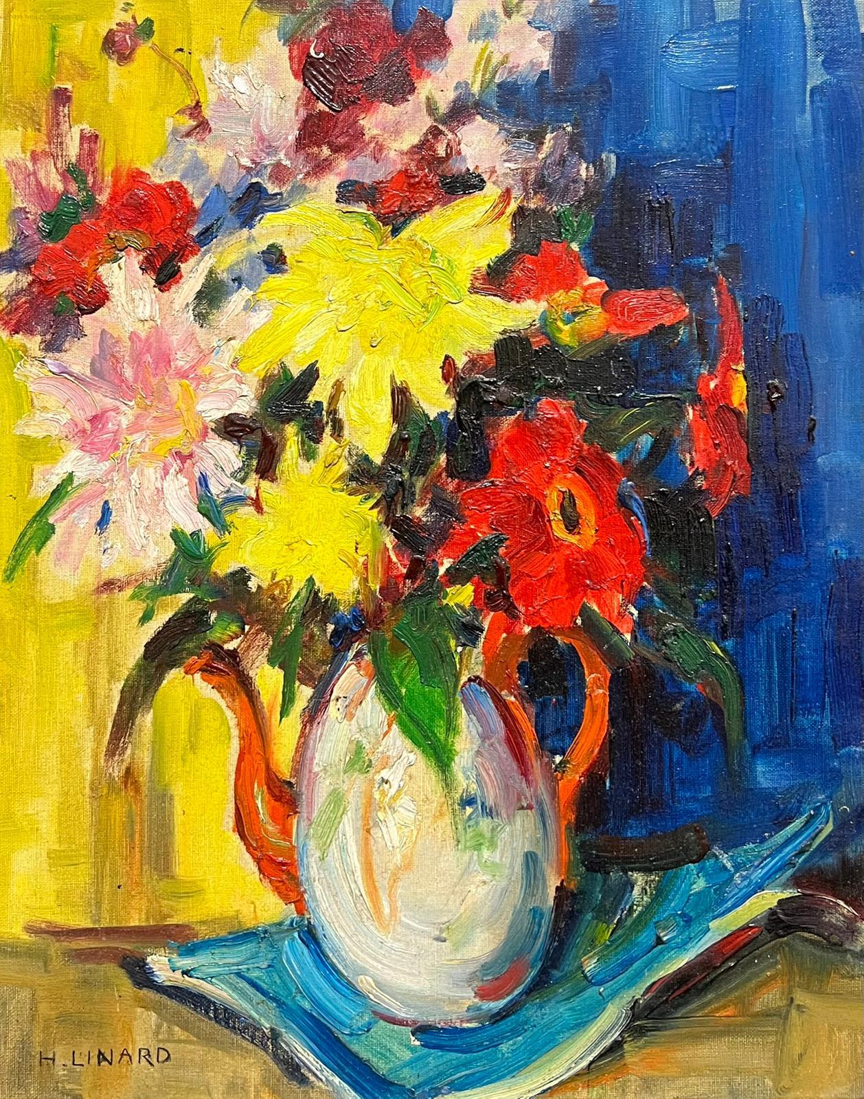 Modern Vibrant Floral Arrangement White & Red Kettle Bold Colors Still Life Oil - Painting by French School