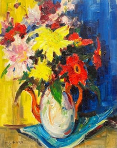 Modern Vibrant Floral Arrangement White & Red Kettle Bold Colors Still Life Oil