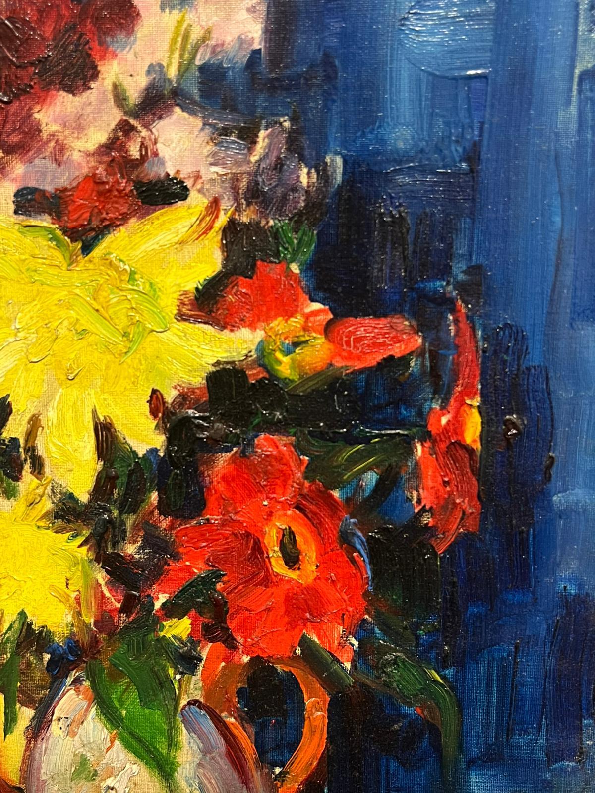 Modern Vibrant Floral Arrangement White & Red Kettle Bold Colors Still Life Oil - Post-Impressionist Painting by French School