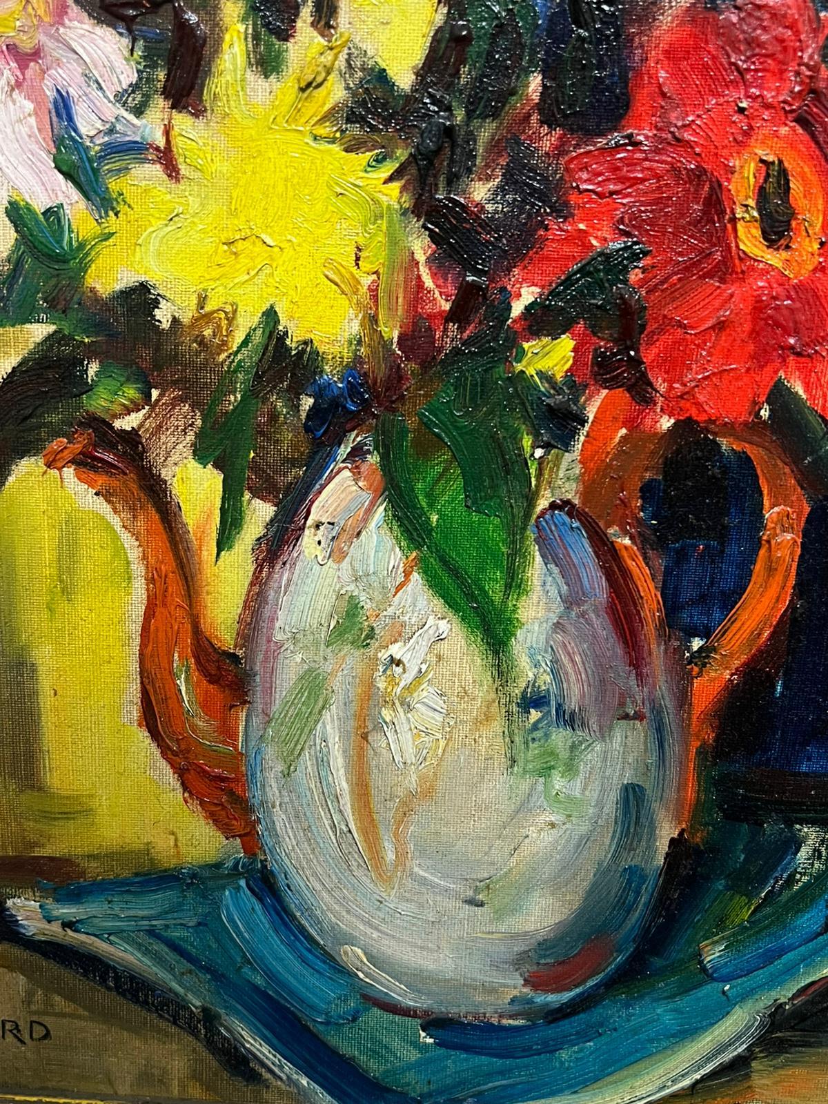 Modern Vibrant Floral Arrangement White & Red Kettle Bold Colors Still Life Oil For Sale 2