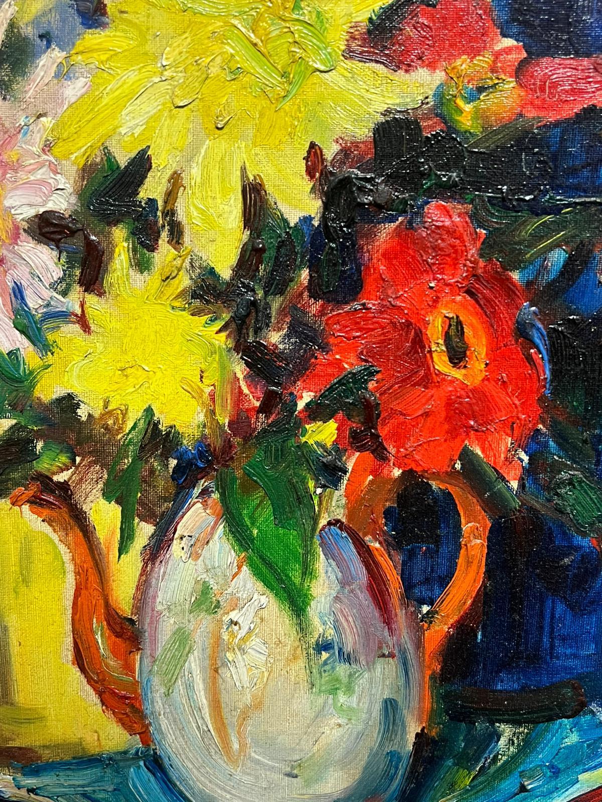 Modern Vibrant Floral Arrangement White & Red Kettle Bold Colors Still Life Oil For Sale 3