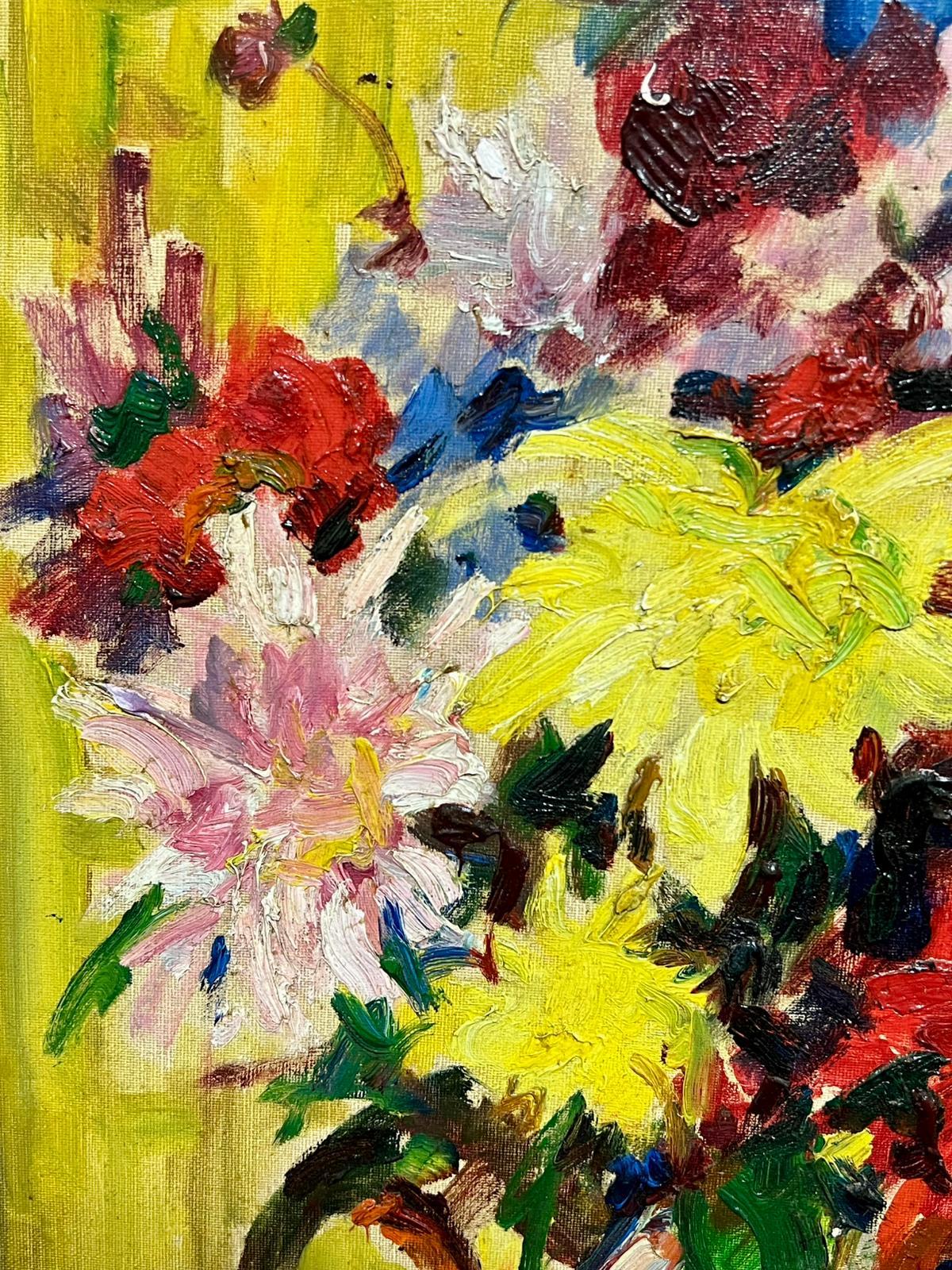 Modern Vibrant Floral Arrangement White & Red Kettle Bold Colors Still Life Oil For Sale 4