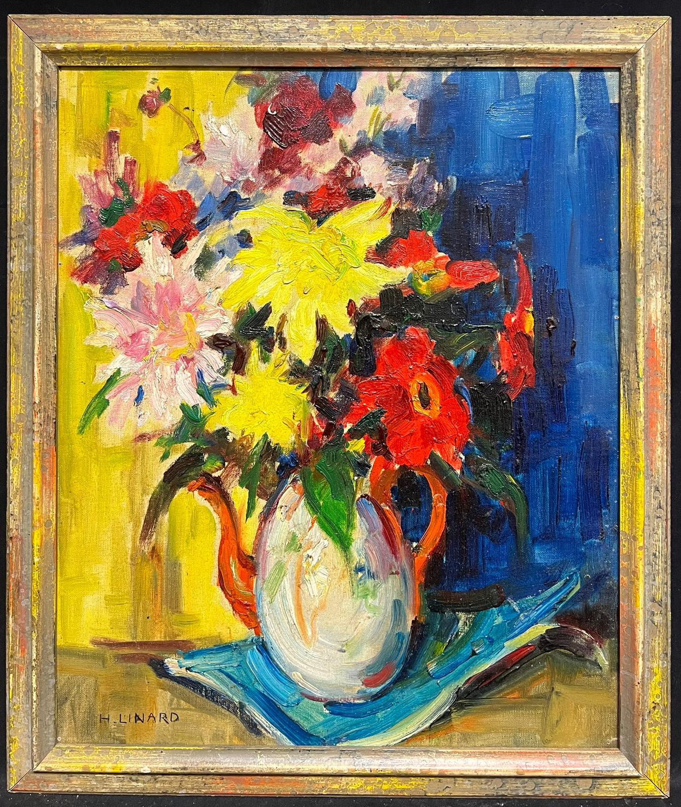 French School Still-Life Painting - Modern Vibrant Floral Arrangement White & Red Kettle Bold Colors Still Life Oil
