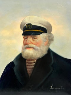 Vintage Signed French Oil Portrait of a Sea Captain White Beard and Cap