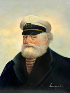 Signed French Oil Portrait of a Sea Captain White Beard and Cap