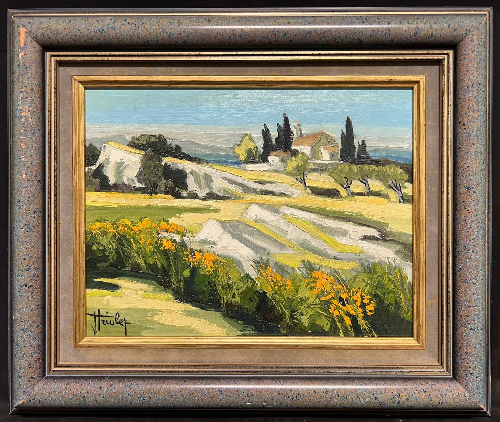 French School Landscape Painting – Sunlit Southern French Landscape Cottage Among Olive Trees, Ölgemälde